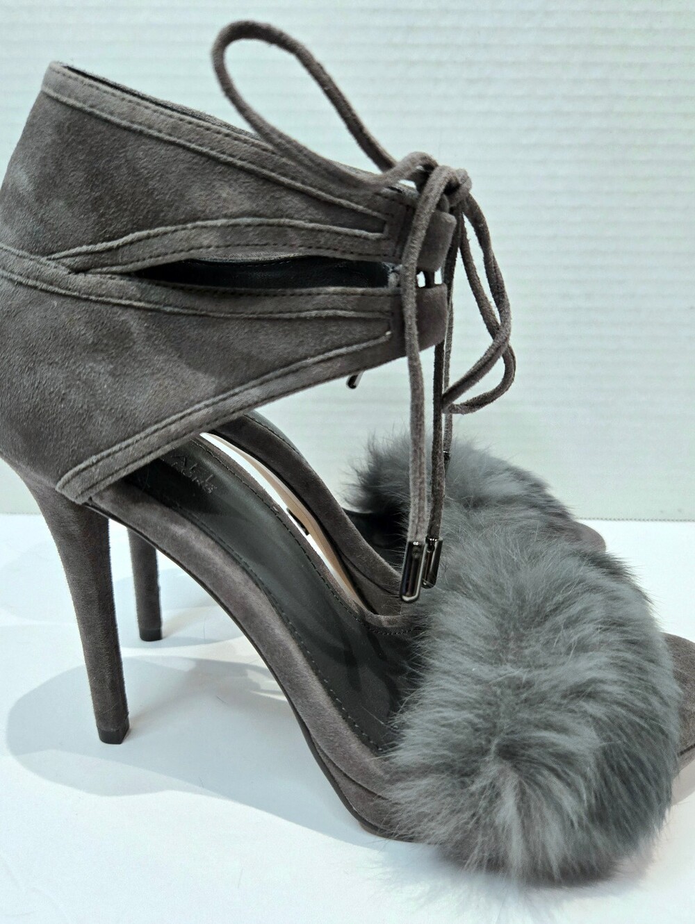Michael Kors "Remi" Gray Rabbit Fur Trim Lace-Up Heels NEW